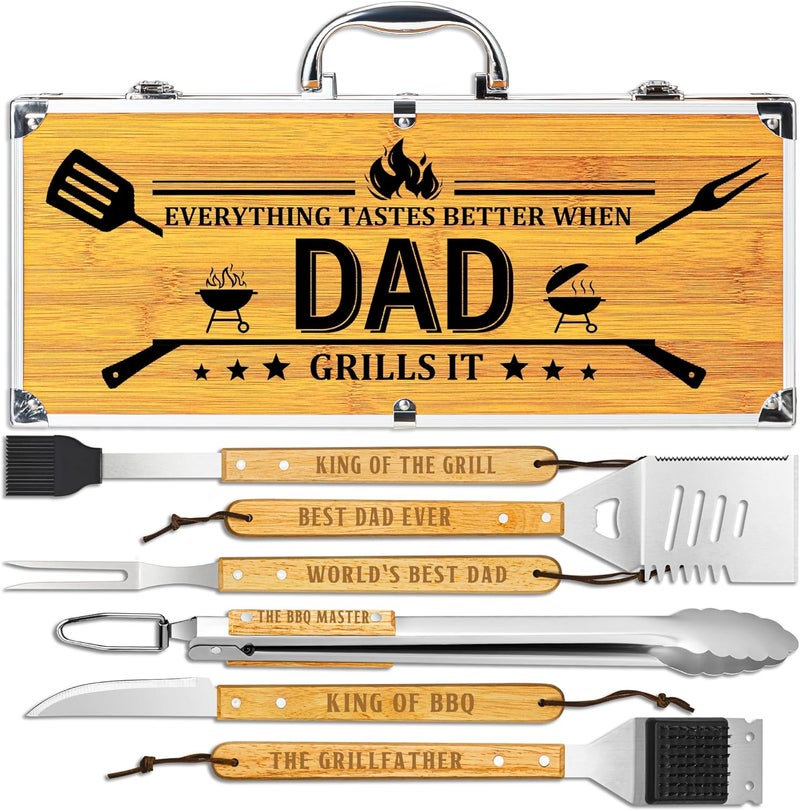 LEWARAN Dad Gifts from Daughter Son, Dad Grilling Birthday Gift Heavy Duty Wooden BBQ Grilling Accessories Kit for Backyard, Thick Stainless Steel Grill Utensils with Non-Slip Handle Tools in Portable Bag - Image 1